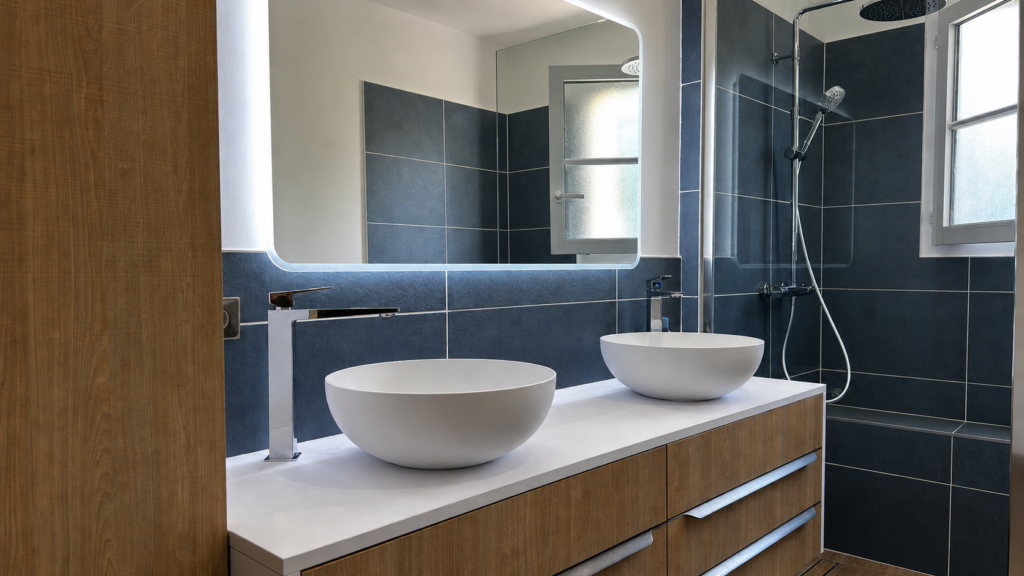 Cette salle de bains située au Haillan a été entièrement repensée, depuis les travaux préparatoires jusqu’à la pose du mobilier et des équipements. L’objec